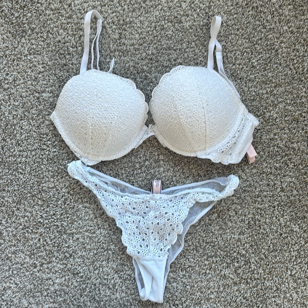 Victoria’s Secret white eyelet bra and panty set bra is 36 D panties are medium